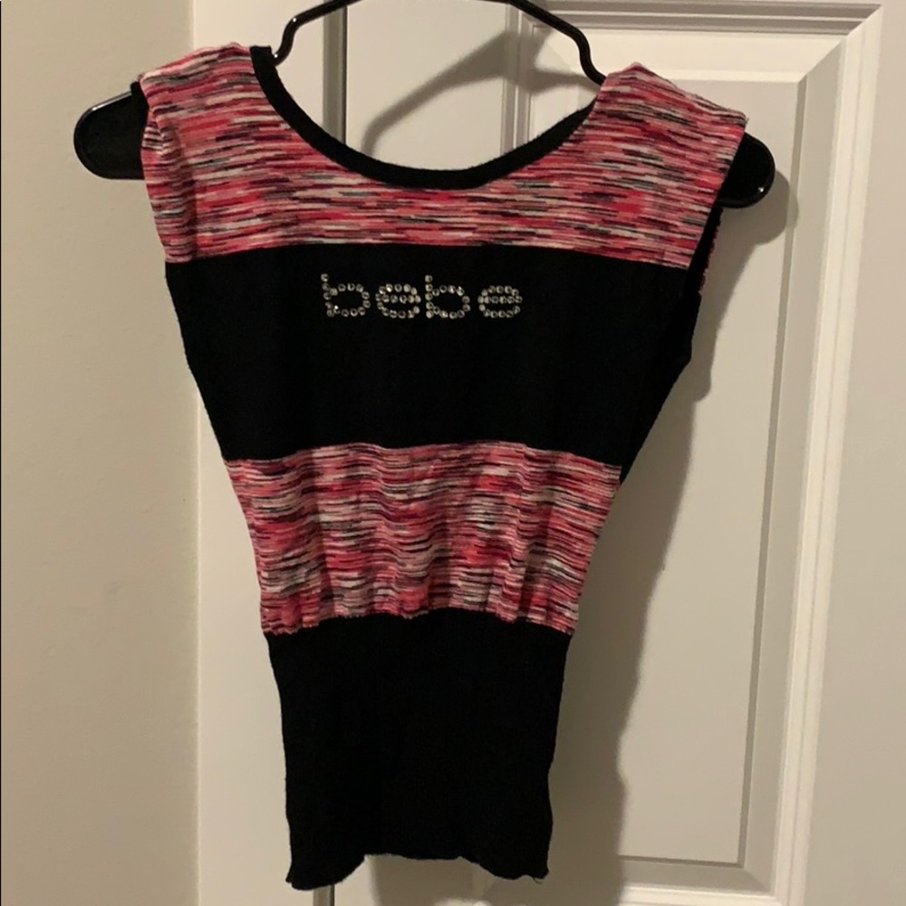 Bebe open back black and pink top.